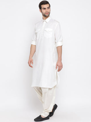 VM By VASTRAMAY Men's Cream Cotton Blend Pathani Suit Set