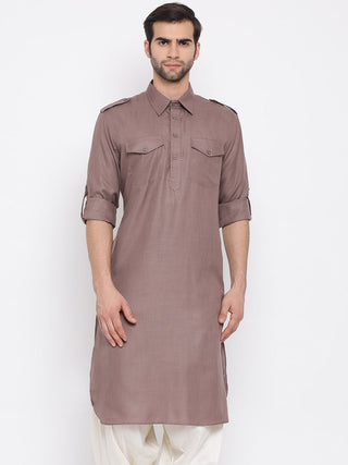 VM By VASTRAMAY Men's Grey Cotton Blend Pathani Style Kurta