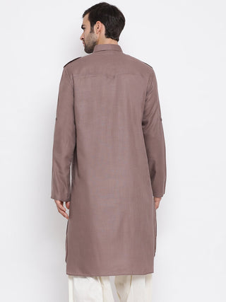 VM By VASTRAMAY Men's Grey Cotton Blend Pathani Style Kurta