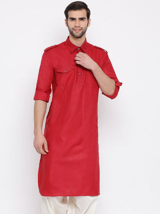 VM By VASTRAMAY Men's Maroon Cotton Blend Pathani Style Kurta