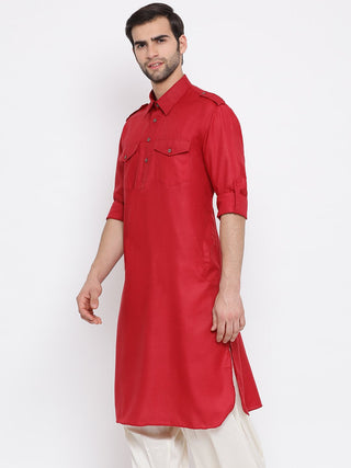 VM By VASTRAMAY Men's Maroon Cotton Blend Pathani Style Kurta