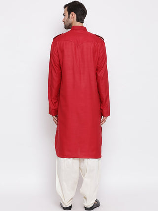 VASTRAMAY Men's Maroon Cotton Blend Pathani Suit Set