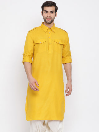 Vastramay Yellow Cotton Blend Baap Beta Pathani Kurta