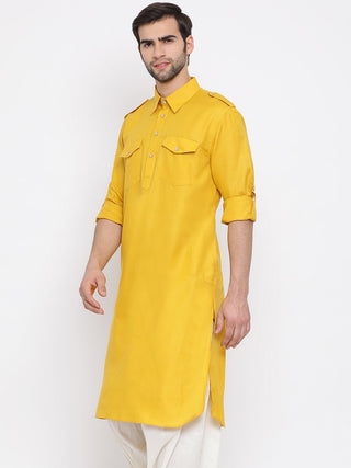 VM By VASTRAMAY Men's Mustard Cotton Blend Pathani Style Kurta