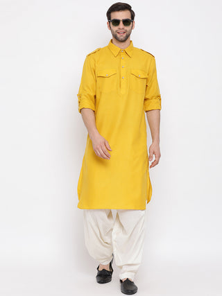 VM By VASTRAMAY Men's Mustard Cotton Blend Pathani Suit Set
