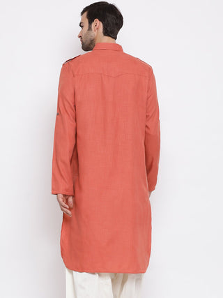 VM By VASTRAMAY Men's Pink Cotton Blend Pathani Style Kurta