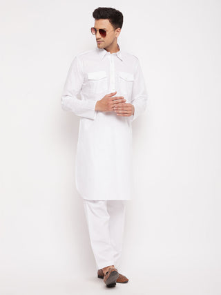 VASTRAMAY Men's White Cotton Blend Pathani Suit Set