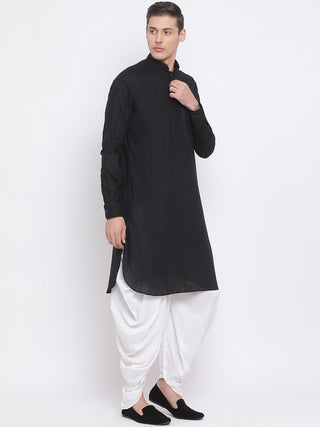 VM BY VASTRAMAY Men's Black Cotton Linen Blend Pathani Kurta and White Dhoti Set