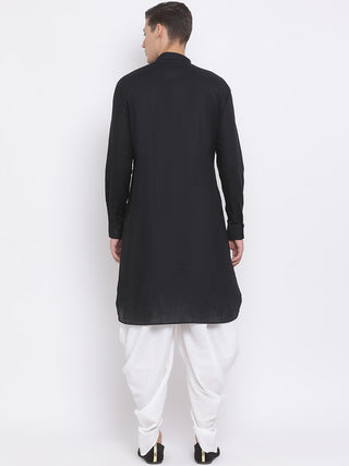 VM BY VASTRAMAY Men's Black Cotton Linen Blend Pathani Kurta and White Dhoti Set