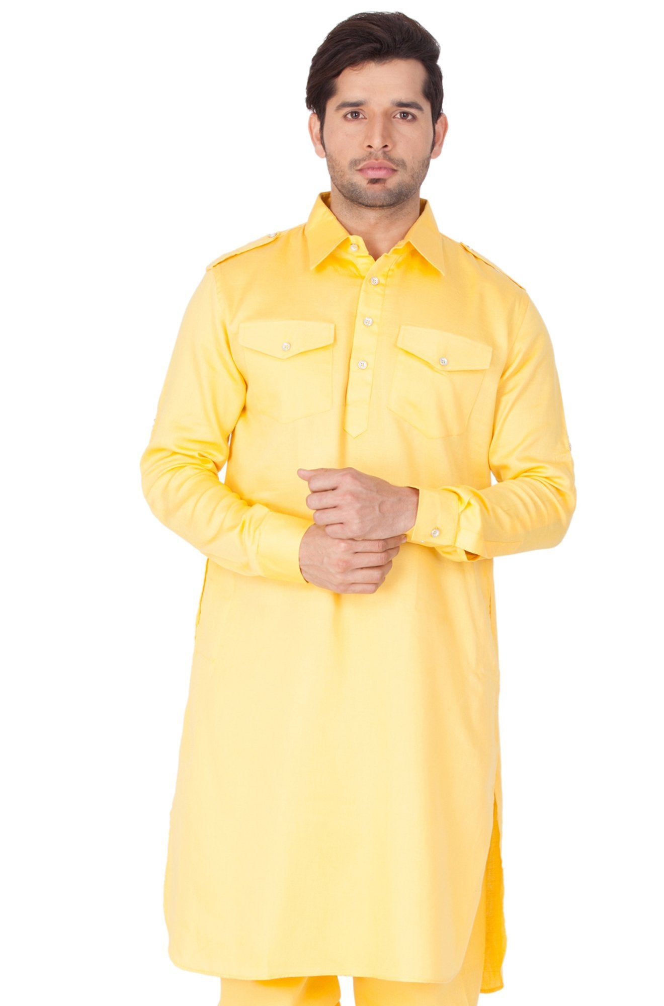 VASTRAMAY Men s Yellow Cotton Pathani Kurta vastramay