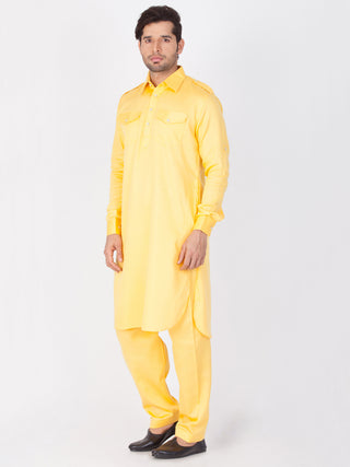 Men's Yellow Cotton Pathani Suit Set