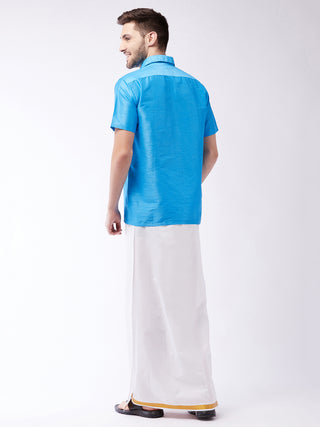 VASTRAMAY Men's Aqua Blue And White Silk Blend Shirt And Mundu