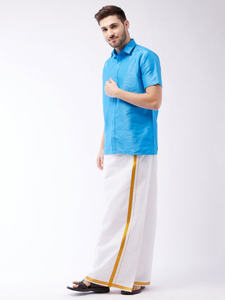 VASTRAMAY Men's Aqua Blue And White Silk Blend Shirt And Mundu