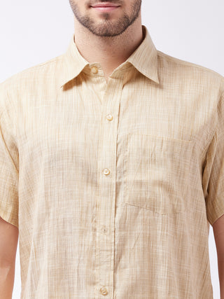VASTRAMAY Men's Beige Cotton Blend Ethnic Shirt