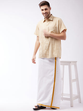 VASTRAMAY Men's Beige Cotton Blend Ethnic Shirt