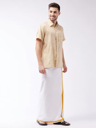 VASTRAMAY Men's Beige And White Cotton Blend Shirt And Mundu