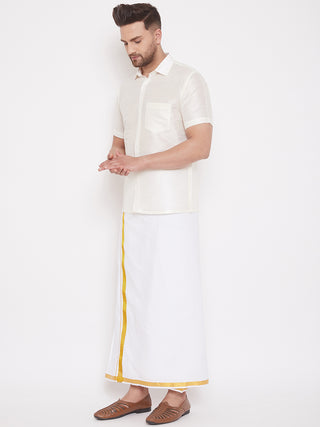 VM By VASTRAMAY Men's Cream and White Silk Blend Shirt And Mundu Set