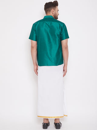 VM By VASTRAMAY Men's Green and White Silk Blend Shirt And Mundu Set