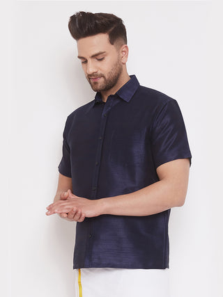 VM By VASTRAMAY Men's Navy Blue Silk Blend Ethnic Shirt