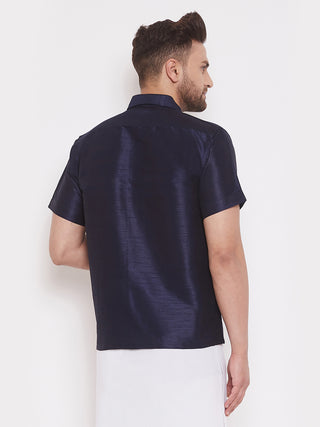 VM By VASTRAMAY Men's Navy Blue Silk Blend Ethnic Shirt