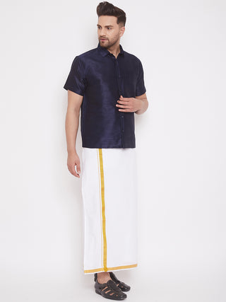 VM By VASTRAMAY Men's Navy Blue and White Silk Blend Shirt And Mundu Set