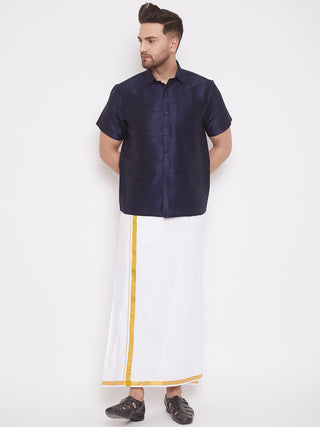 VM By VASTRAMAY Men's Navy Blue and White Silk Blend Shirt And Mundu Set