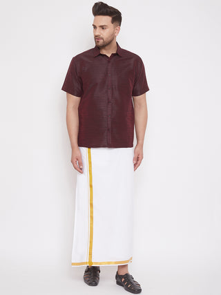 VM BY VASTRAMAY Men's Wine and White Silk Blend Shirt And Mundu Set