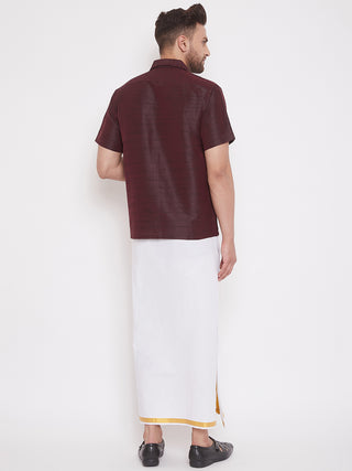 VM BY VASTRAMAY Men's Wine and White Silk Blend Shirt And Mundu Set