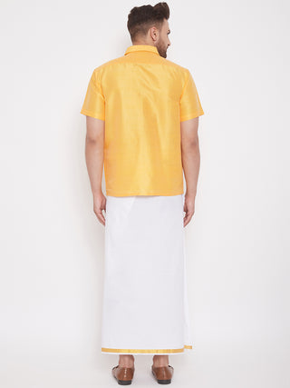 VM By VASTRAMAY Men's Yellow and White Silk Blend Shirt And Mundu Set