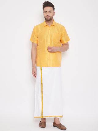 VM By VASTRAMAY Men's Yellow and White Silk Blend Shirt And Mundu Set