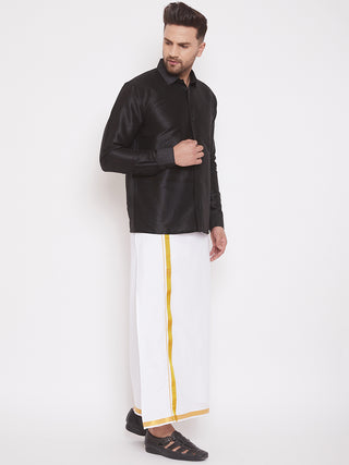 VM By VASTRAMAY Men's Black And White Silk Blend Shirt And Mundu Set