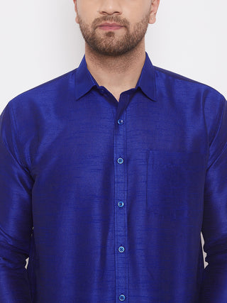 VM By VASTRAMAY Men's Blue And White Silk Blend Shirt And Mundu Set