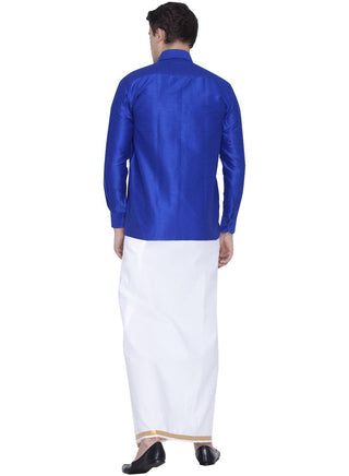 Men's Blue Cotton Silk Blend Shirt and Dhoti Set