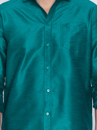 VM By VASTRAMAY Men's Green Cotton Silk Blend Shirt and Mundu Set