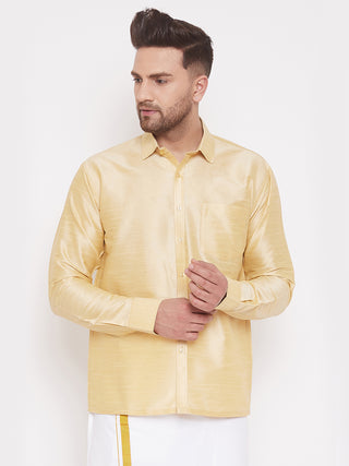 VASTRAMAY Men's Gold Silk Blend Ethnic Shirt