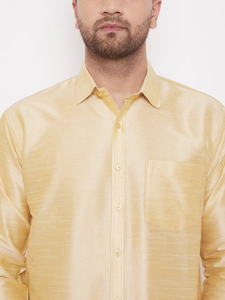 VM By VASTRAMAY Men's Gold And White Silk Blend Shirt And Mundu Set
