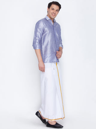 VM By VASTRAMAY Men's Blue Cotton Silk Blend Shirt and Mundu Set