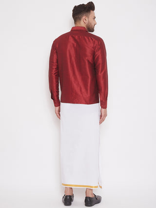 VM By VASTRAMAY Men's Maroon And White Silk Blend Shirt And Mundu Set