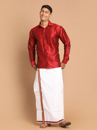VM BY VASTRAMAY Men's Maroon Silk Blend Shirt And Mundu Set