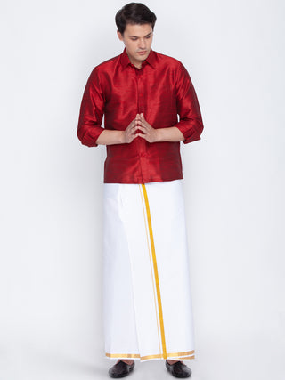 Men's Maroon Cotton Silk Blend Shirt with Dhoti