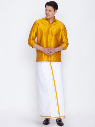 VM by VASTRAMAY Men's Yellow Cotton Silk Blend Shirt and Mundu Set