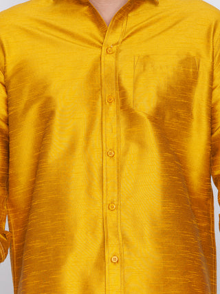 VM by VASTRAMAY Men's Yellow Cotton Silk Blend Shirt and Mundu Set