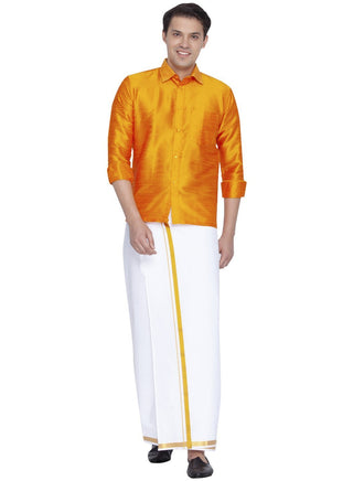 Men's Orange Cotton Silk Blend Shirt and Dhoti Set