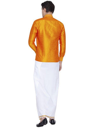 Men's Orange Cotton Silk Blend Shirt and Dhoti Set