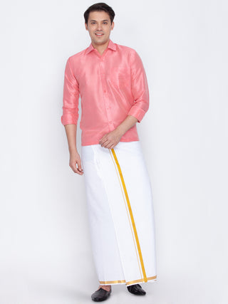 VM By VASTRAMAY Men's Pink Cotton Silk Blend Shirt and Mundu Set