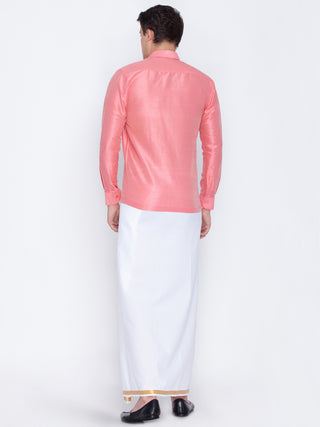 VM By VASTRAMAY Men's Pink Cotton Silk Blend Shirt and Mundu Set