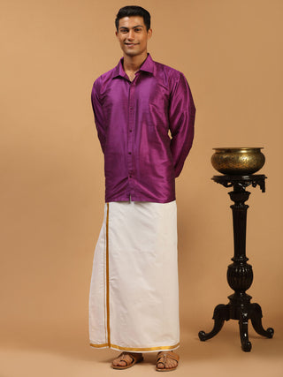 VM BY VASTRAMAY Men's Purple Silk Blend Shirt And Mundu Set