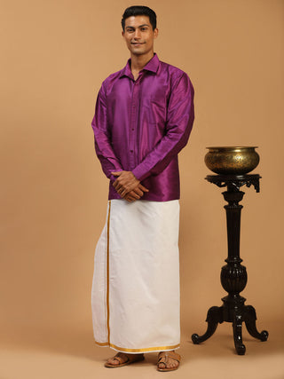 VM BY VASTRAMAY Men's Purple Silk Blend Shirt And Mundu Set