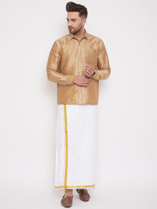 VM By VASTRAMAY Men's Rose Gold & White Silk Blend Shirt And Mundu Set