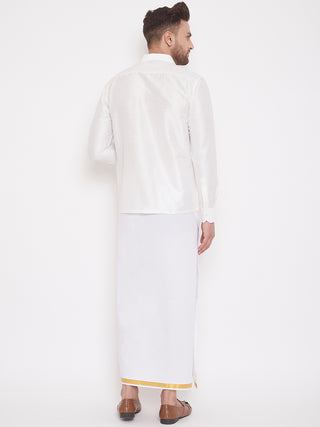 VM By VASTRAMAY Men's White Silk Blend Shirt And Mundu Set